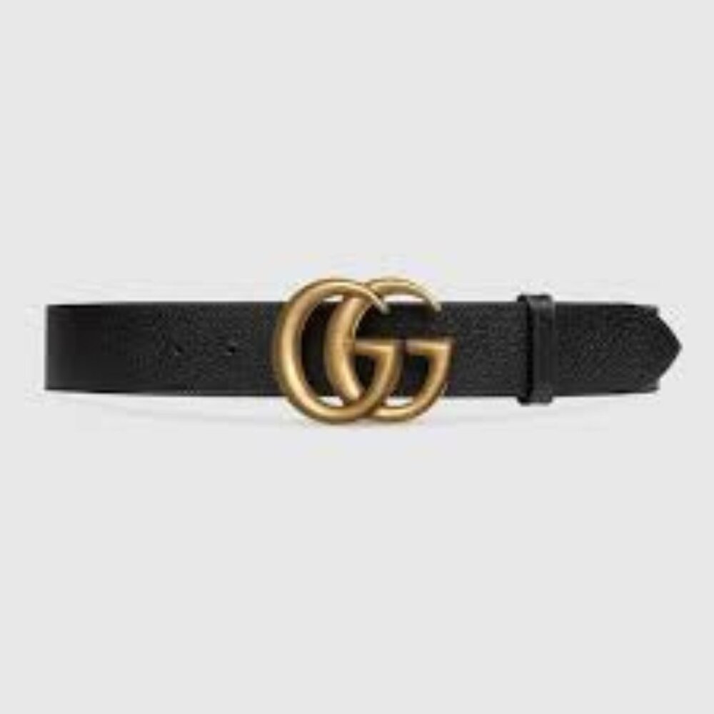 Black Textured Leather Belt With Brass Double G Buckle